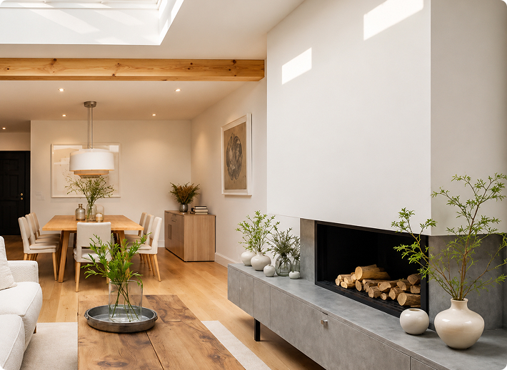 Open-plan living room with fireplace after a home renovation